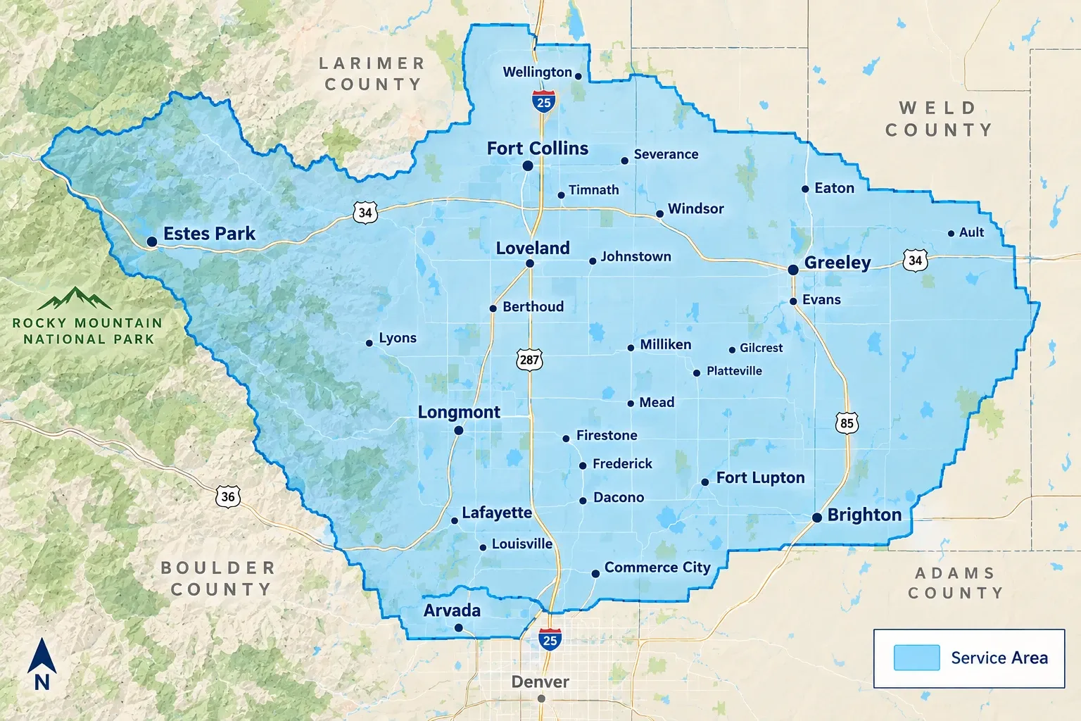 Service area map: Larimer County, Weld County, Boulder County, Adams County, Colorado, from Wellington and Fort Collins in the north to Arvada, Commerce City and Brighton in the south, and from Estes Park east to Greeley and Ault.